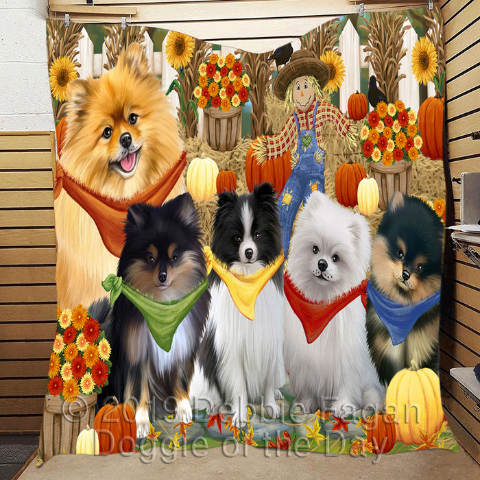 Fall Festive Harvest Time Gathering Pomeranian Dogs Quilt