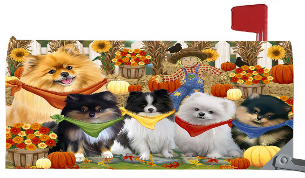 Fall Festive Harvest Time Gathering Pomeranian Dogs 6.5 x 19 Inches Magnetic Mailbox Cover Post Box Cover Wraps Garden Yard Décor MBC49103