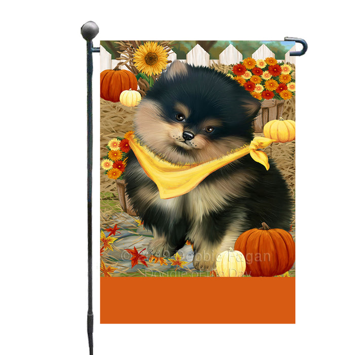 Personalized Fall Autumn Greeting Pomeranian Dog with Pumpkins Custom Garden Flags GFLG-DOTD-A62004