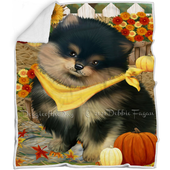 Fall Autumn Greeting Pomeranian Dog with Pumpkins Blanket BLNKT73551