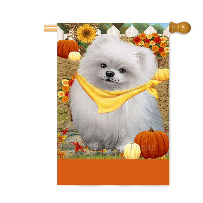 Personalized Fall Autumn Greeting Pomeranian Dog with Pumpkins Custom House Flag FLG-DOTD-A62057