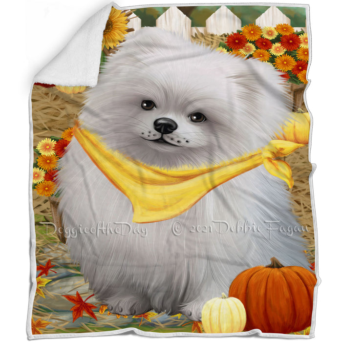 Fall Autumn Greeting Pomeranian Dog with Pumpkins Blanket BLNKT73524