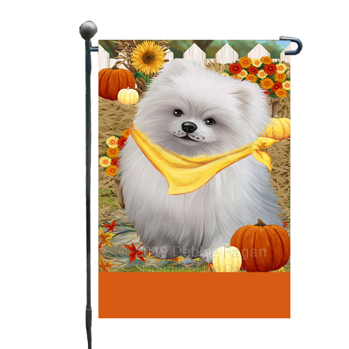 Personalized Fall Autumn Greeting Pomeranian Dog with Pumpkins Custom Garden Flags GFLG-DOTD-A62001