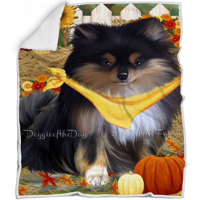 Fall Autumn Greeting Pomeranian Dog with Pumpkins Blanket BLNKT73533