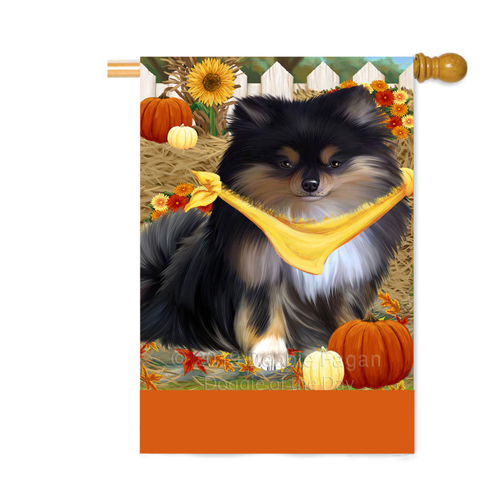 Personalized Fall Autumn Greeting Pomeranian Dog with Pumpkins Custom House Flag FLG-DOTD-A62058