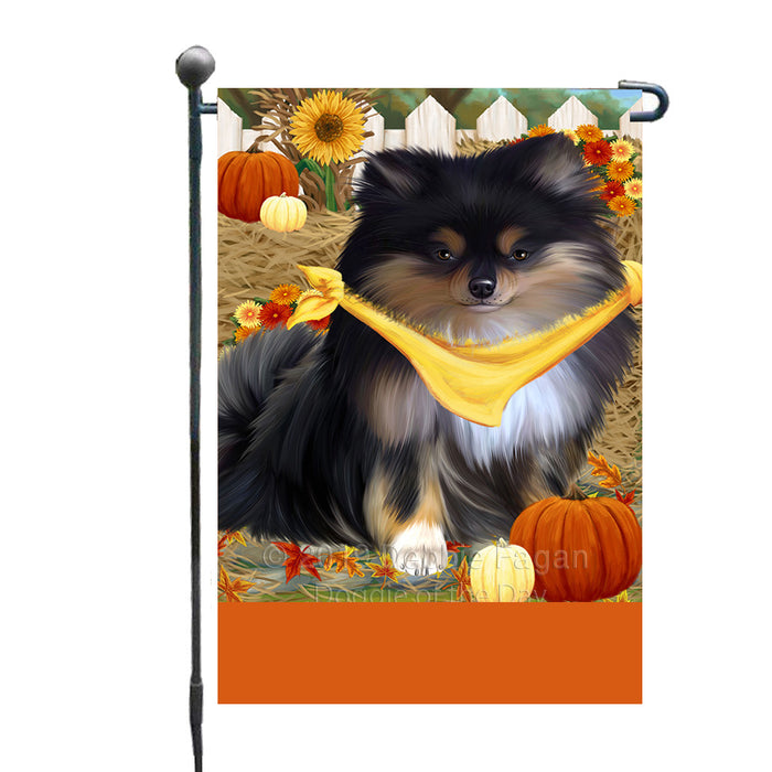 Personalized Fall Autumn Greeting Pomeranian Dog with Pumpkins Custom Garden Flags GFLG-DOTD-A62002