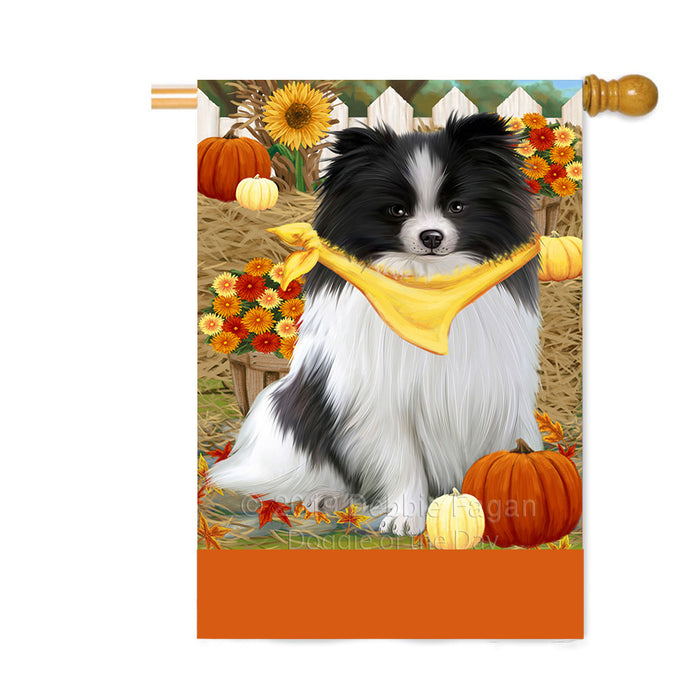 Personalized Fall Autumn Greeting Pomeranian Dog with Pumpkins Custom House Flag FLG-DOTD-A62059