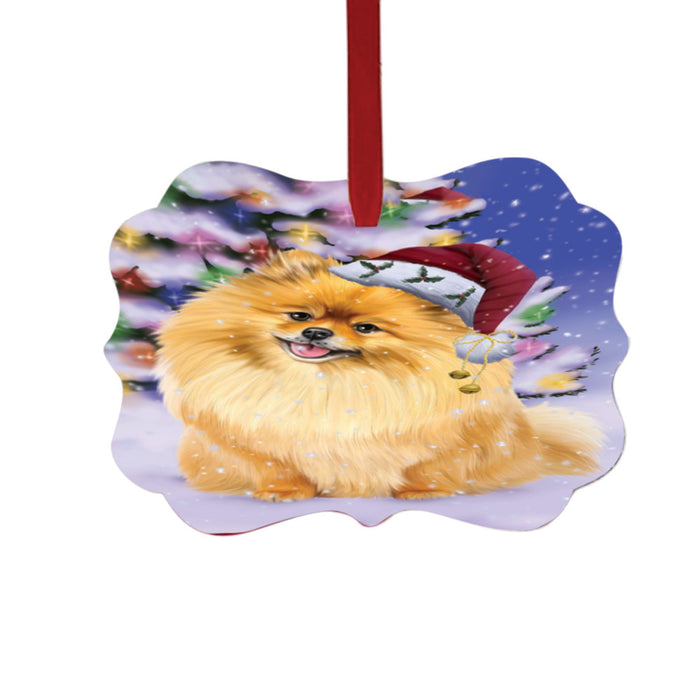 Winterland Wonderland Pomeranian Dog In Christmas Holiday Scenic Background Double-Sided Photo Benelux Christmas Ornament LOR49615