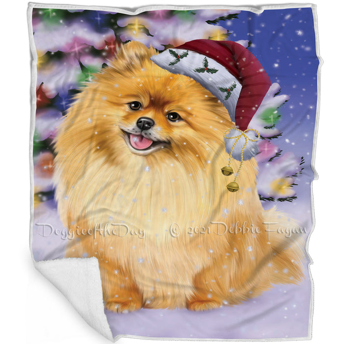 Winterland Wonderland Pomeranians Dog In Christmas Holiday Scenic Background Blanket