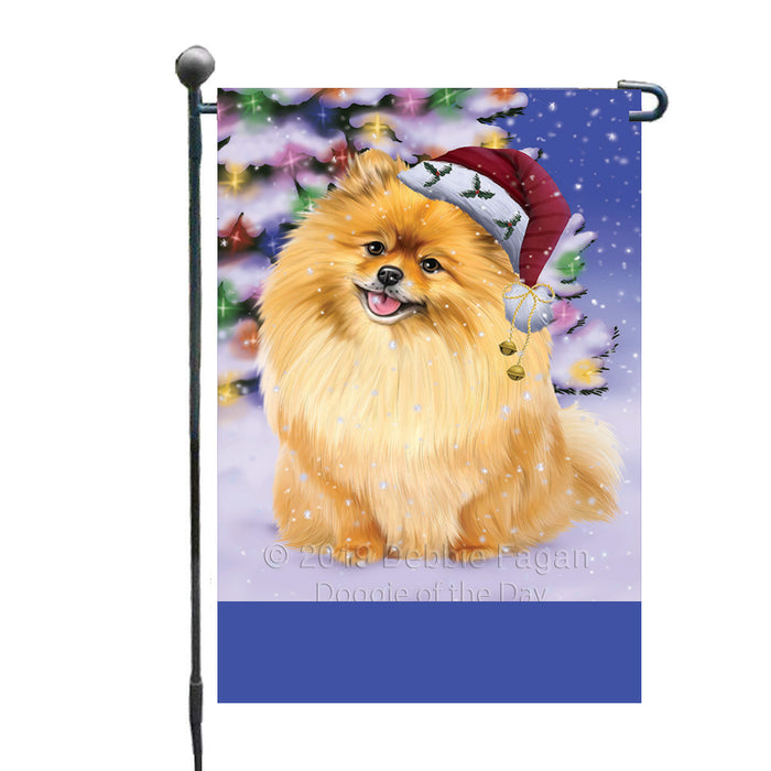 Personalized Winterland Wonderland Pomeranian Dog In Christmas Holiday Scenic Background Custom Garden Flags GFLG-DOTD-A61362