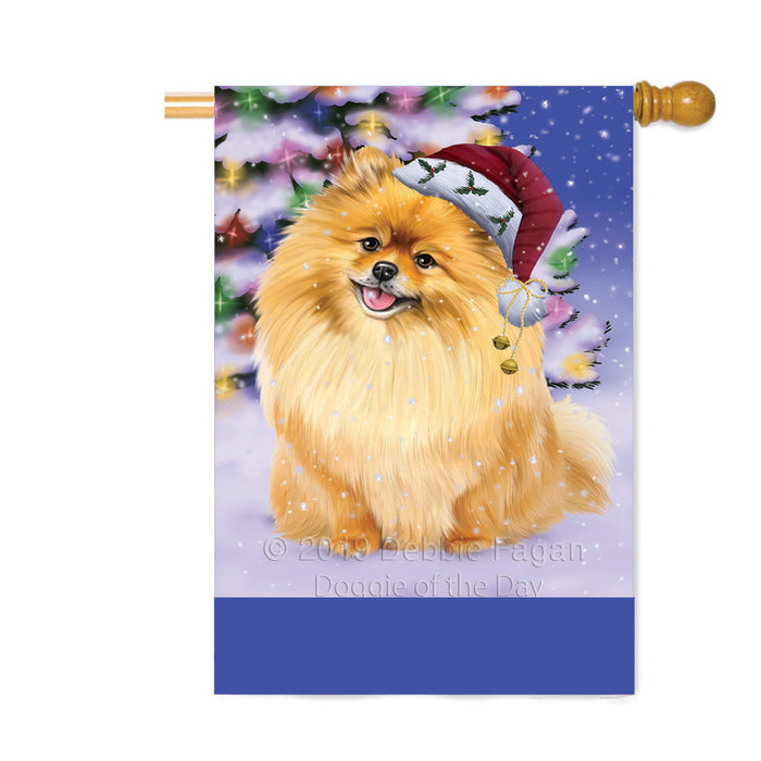 Personalized Winterland Wonderland Pomeranian Dog In Christmas Holiday Scenic Background Custom House Flag FLG-DOTD-A61418