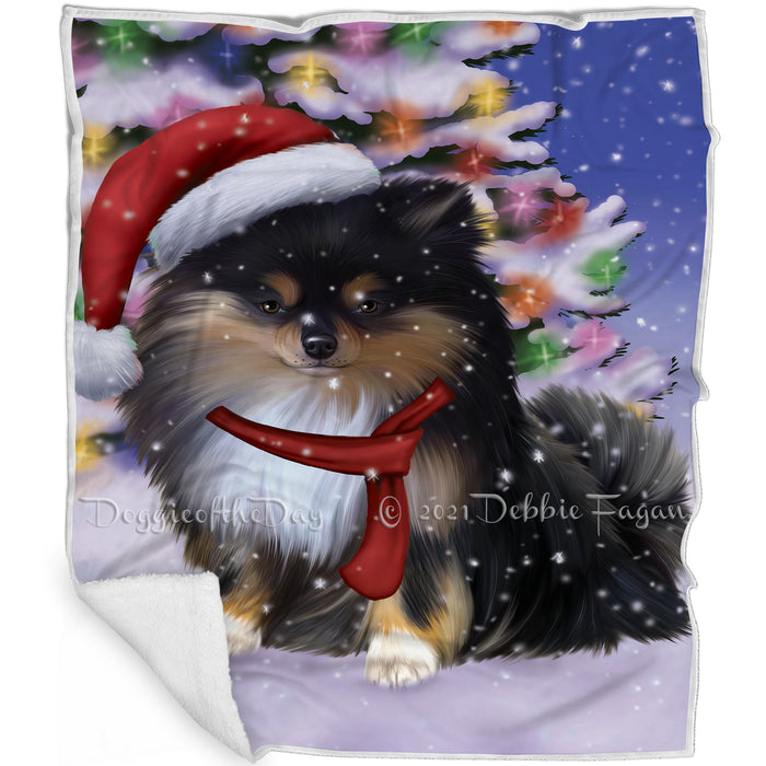 Winterland Wonderland Pomeranians Puppy Dog In Christmas Holiday Scenic Background Blanket