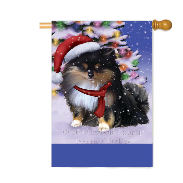 Personalized Winterland Wonderland Pomeranian Dog In Christmas Holiday Scenic Background Custom House Flag FLG-DOTD-A61419