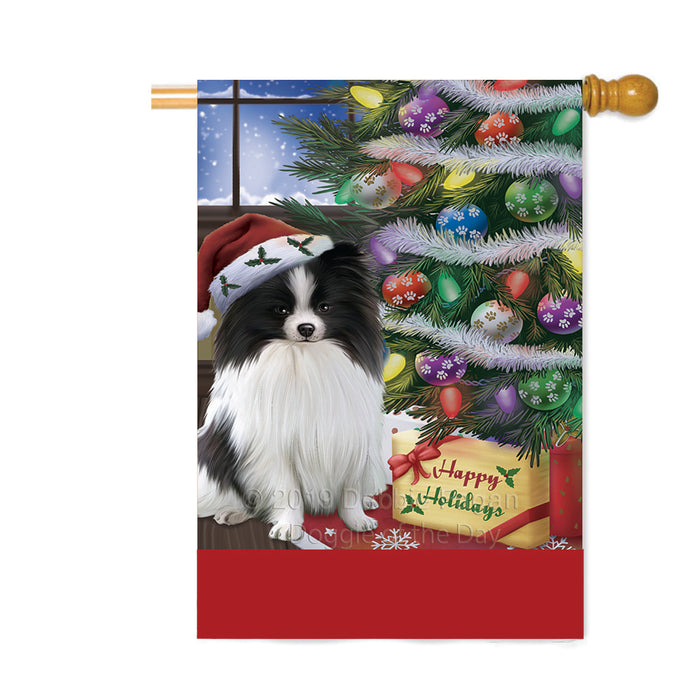 Personalized Christmas Happy Holidays Pomeranian Dog with Tree and Presents Custom House Flag FLG-DOTD-A58710