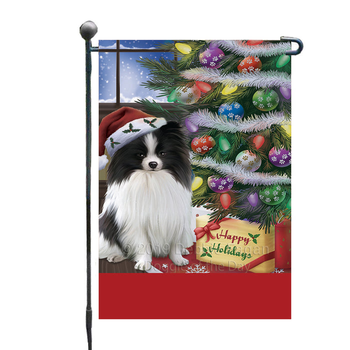 Personalized Christmas Happy Holidays Pomeranian Dog with Tree and Presents Custom Garden Flags GFLG-DOTD-A58654