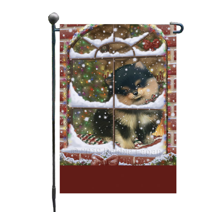 Personalized Please Come Home For Christmas Pomeranian Dog Sitting In Window Custom Garden Flags GFLG-DOTD-A60189