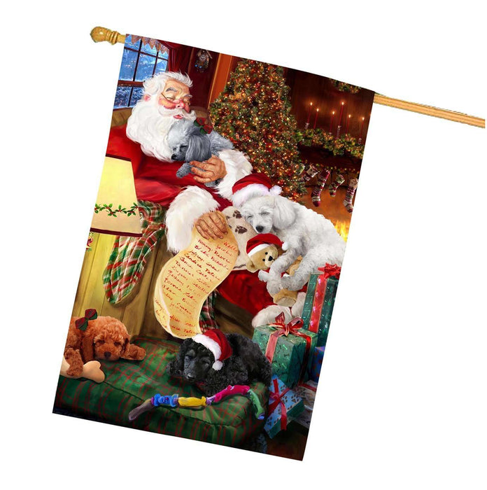 Poodle Dog and Puppies Sleeping with Santa House Flag