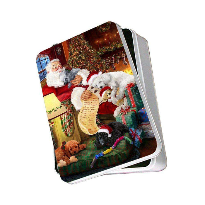 Poodle Dog with Puppies Sleeping with Santa Photo Tin