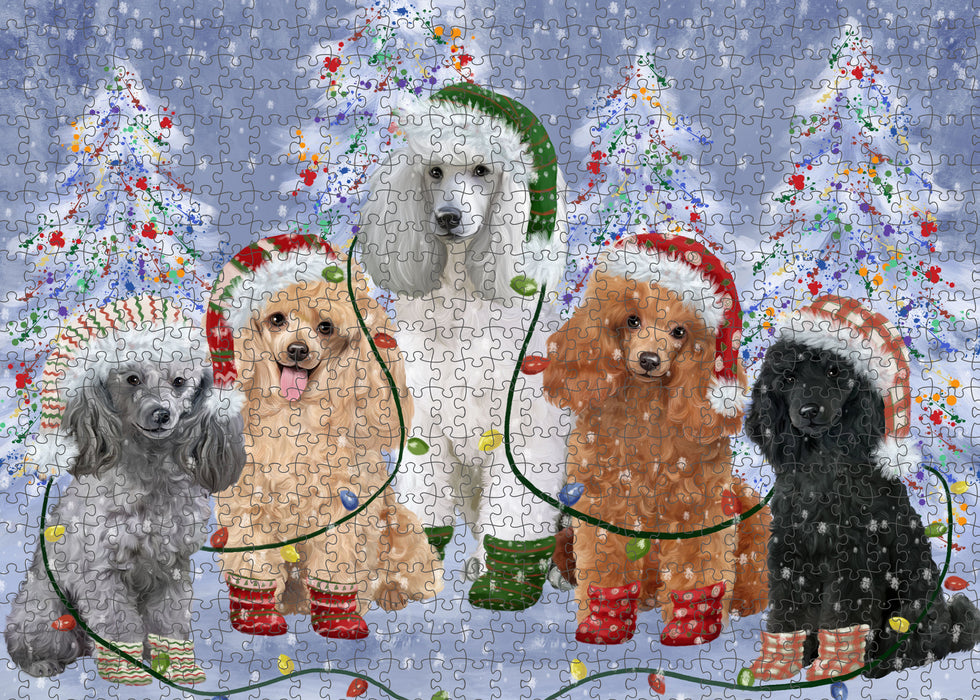Christmas Lights and Poodle Dogs Portrait Jigsaw Puzzle for Adults Animal Interlocking Puzzle Game Unique Gift for Dog Lover's with Metal Tin Box