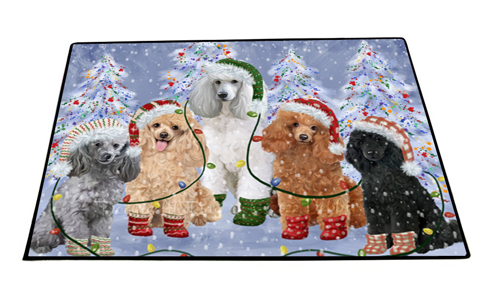 Christmas Lights and Poodle Dogs Floor Mat- Anti-Slip Pet Door Mat Indoor Outdoor Front Rug Mats for Home Outside Entrance Pets Portrait Unique Rug Washable Premium Quality Mat