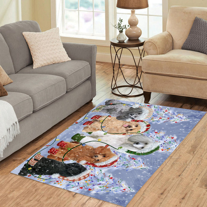 Christmas Lights and Poodle Dogs Area Rug - Ultra Soft Cute Pet Printed Unique Style Floor Living Room Carpet Decorative Rug for Indoor Gift for Pet Lovers
