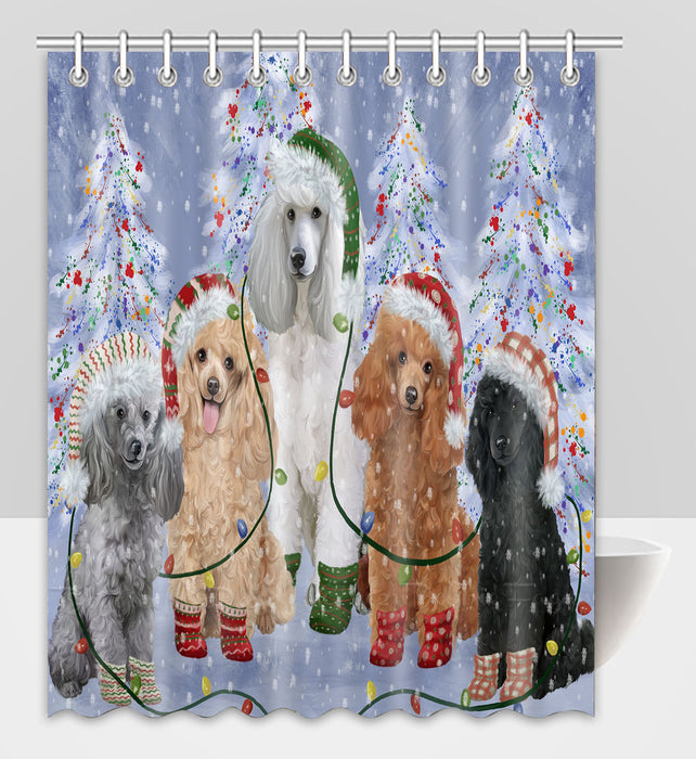 Christmas Lights and Poodle Dogs Shower Curtain Pet Painting Bathtub Curtain Waterproof Polyester One-Side Printing Decor Bath Tub Curtain for Bathroom with Hooks