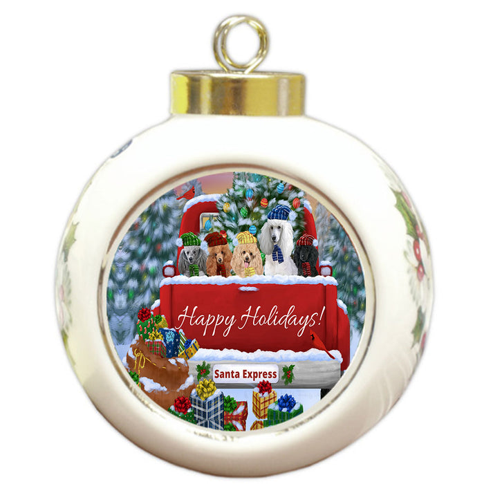 Christmas Red Truck Travlin Home for the Holidays Poodle Dogs Round Ball Christmas Ornament Pet Decorative Hanging Ornaments for Christmas X-mas Tree Decorations - 3" Round Ceramic Ornament