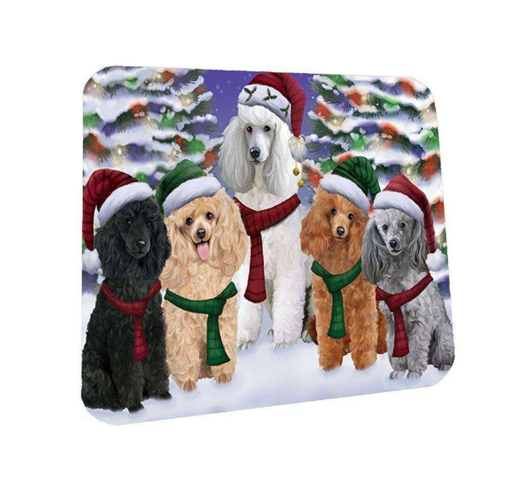 Poodles Dog Christmas Family Portrait in Holiday Scenic Background Coasters Set of 4