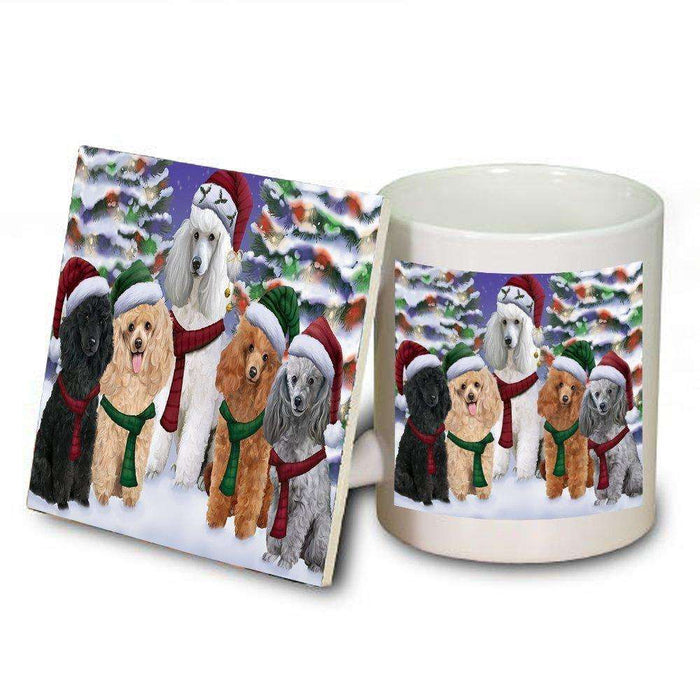 Poodles Dog Christmas Family Portrait in Holiday Scenic Background Mug and Coaster Set