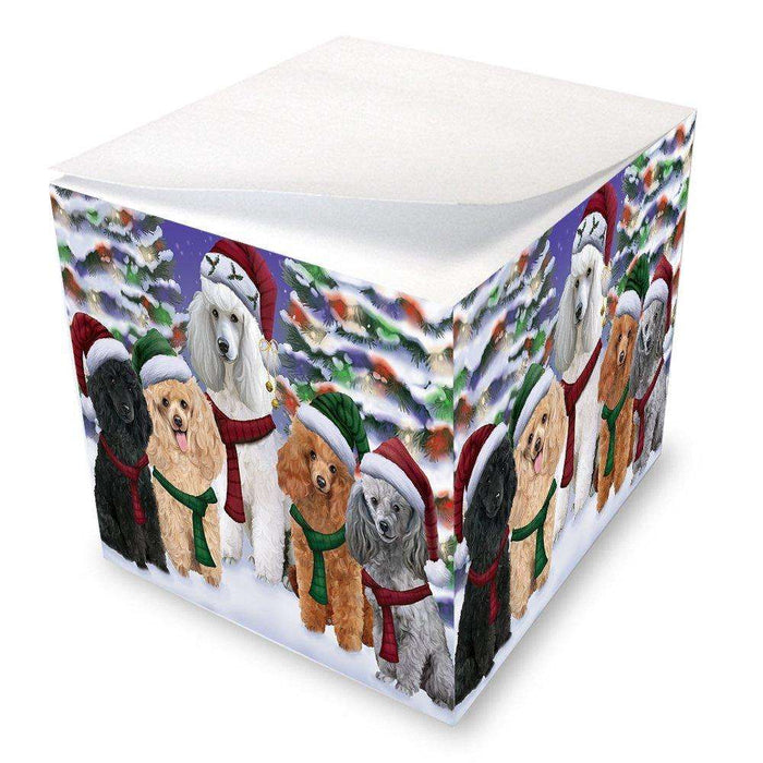 Poodles Dog Christmas Family Portrait in Holiday Scenic Background Note Cube D143
