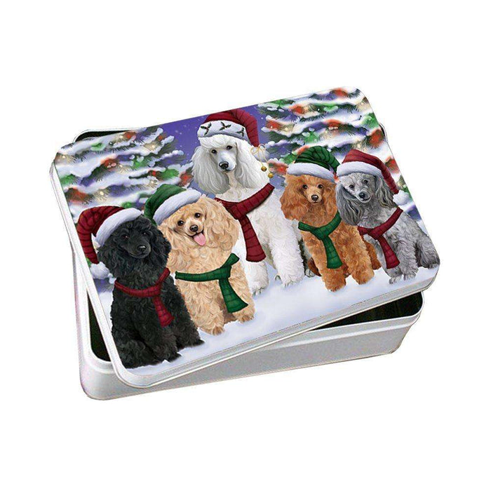 Poodles Dog Christmas Family Portrait in Holiday Scenic Background Photo Storage Tin