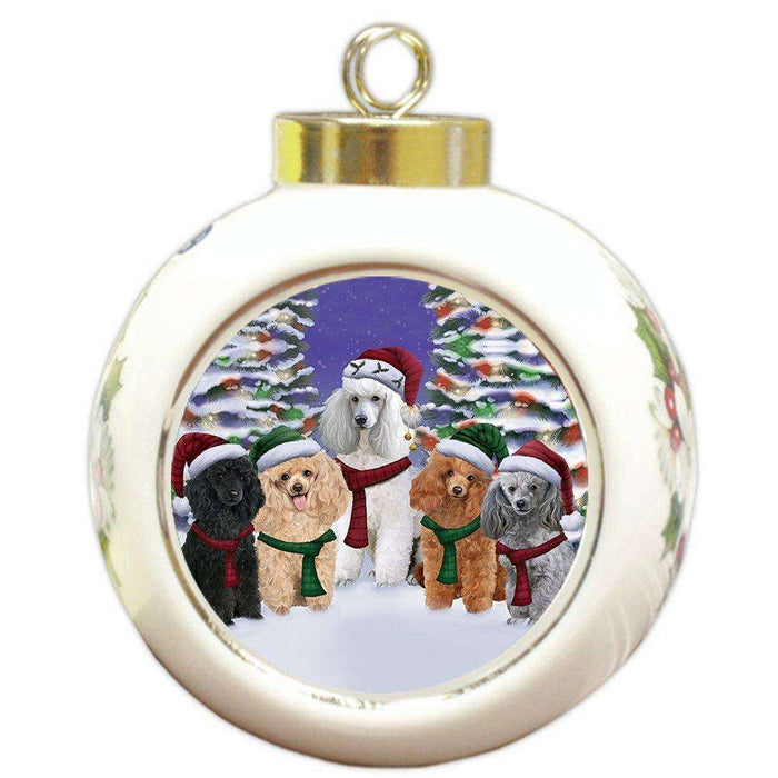 Poodles Dog Christmas Family Portrait in Holiday Scenic Background Round Ball Ornament