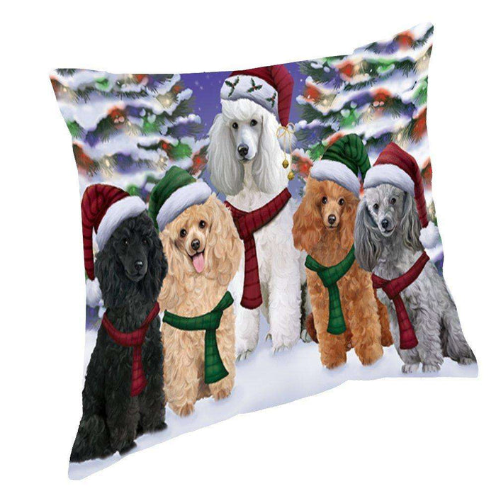Poodles Dog Christmas Family Portrait in Holiday Scenic Background Throw Pillow