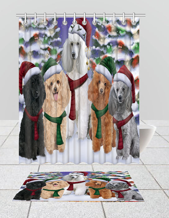 Poodle Dogs Christmas Family Portrait in Holiday Scenic Background  Bath Mat and Shower Curtain Combo