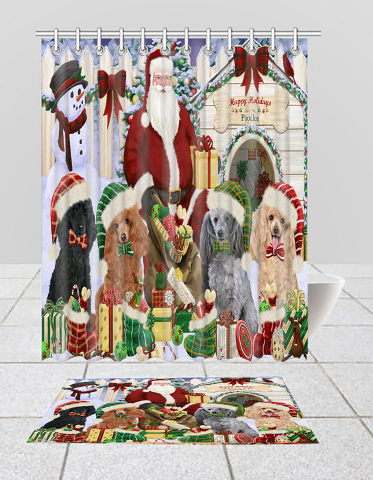 Happy Holidays Christmas Poodle Dogs House Gathering Bath Mat and Shower Curtain Combo