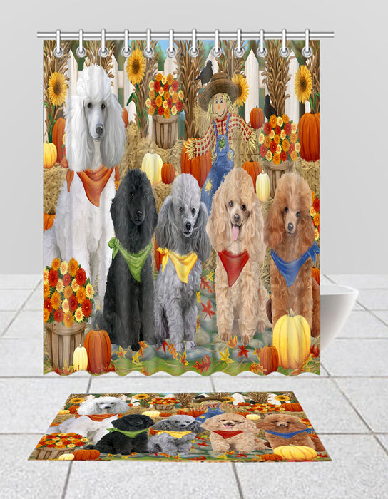 Fall Festive Harvest Time Gathering Poodle Dogs Bath Mat and Shower Curtain Combo
