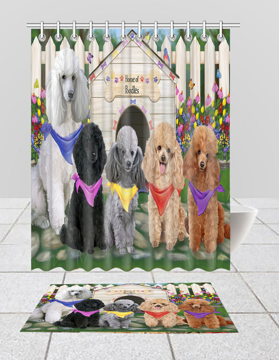 Spring Dog House Poodle Dogs Bath Mat and Shower Curtain Combo
