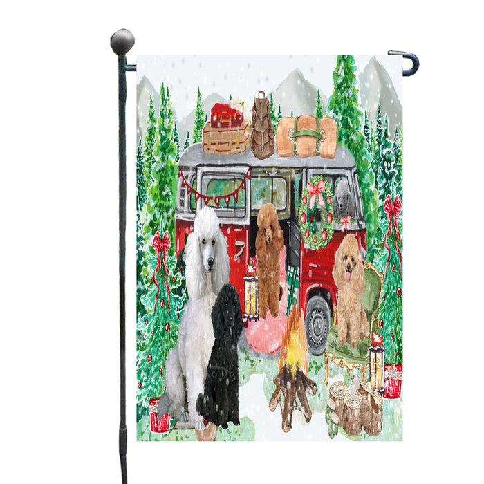 Christmas Time Camping with Poodle Dogs Garden Flags- Outdoor Double Sided Garden Yard Porch Lawn Spring Decorative Vertical Home Flags 12 1/2"w x 18"h