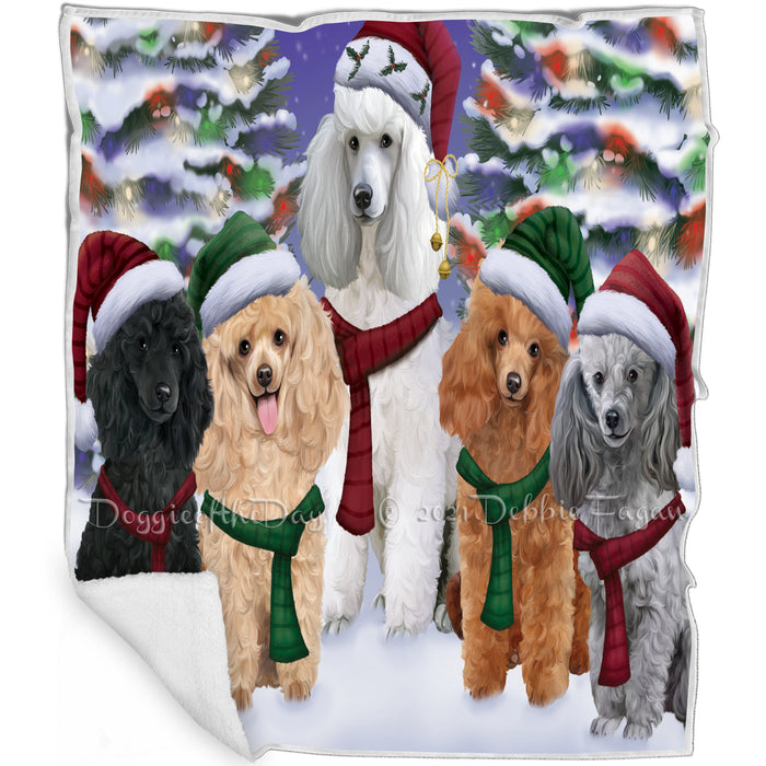 Poodles Dog Christmas Family Portrait in Holiday Scenic Background Art Portrait Print Woven Throw Sherpa Plush Fleece Blanket