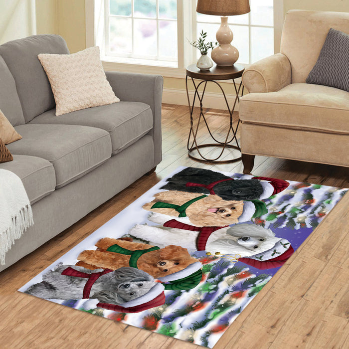 Poodle Dogs Christmas Family Portrait in Holiday Scenic Background Area Rug