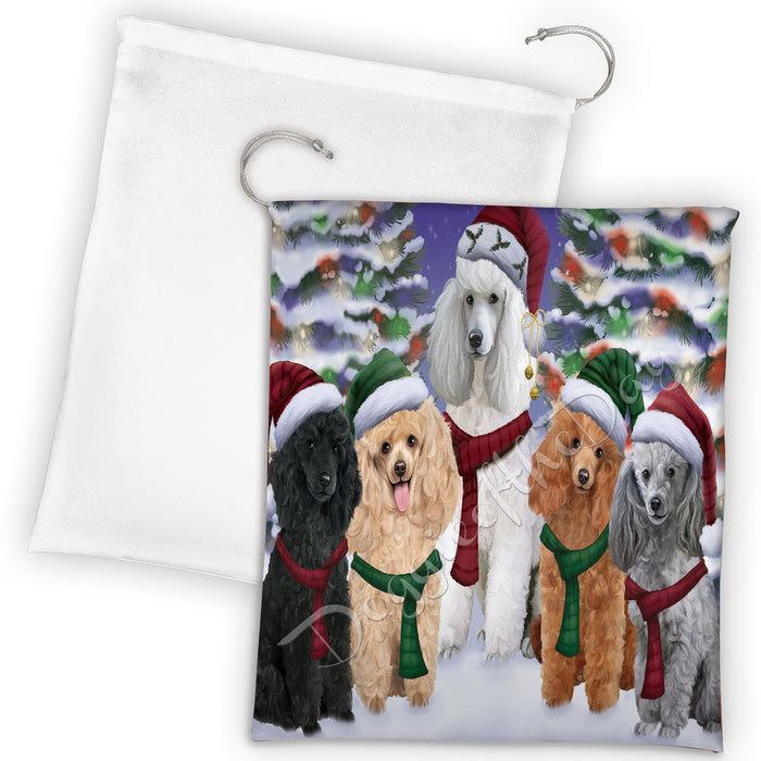 Poodle Dogs Christmas Family Portrait in Holiday Scenic Background Drawstring Laundry or Gift Bag LGB48164