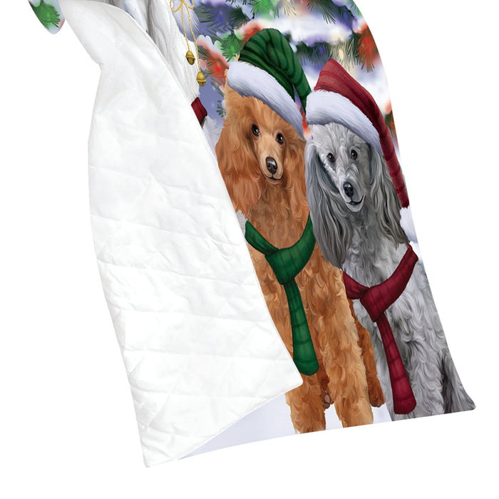 Poodle Dogs Christmas Family Portrait in Holiday Scenic Background Quilt