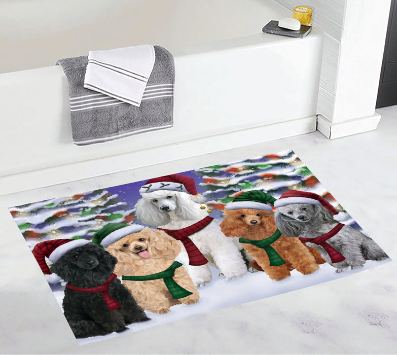 Poodle Dogs Christmas Family Portrait in Holiday Scenic Background Bath Mat