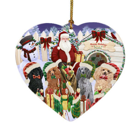 Happy Holidays Christmas Poodles Dog House Gathering Heart Christmas Ornament HPORA58512