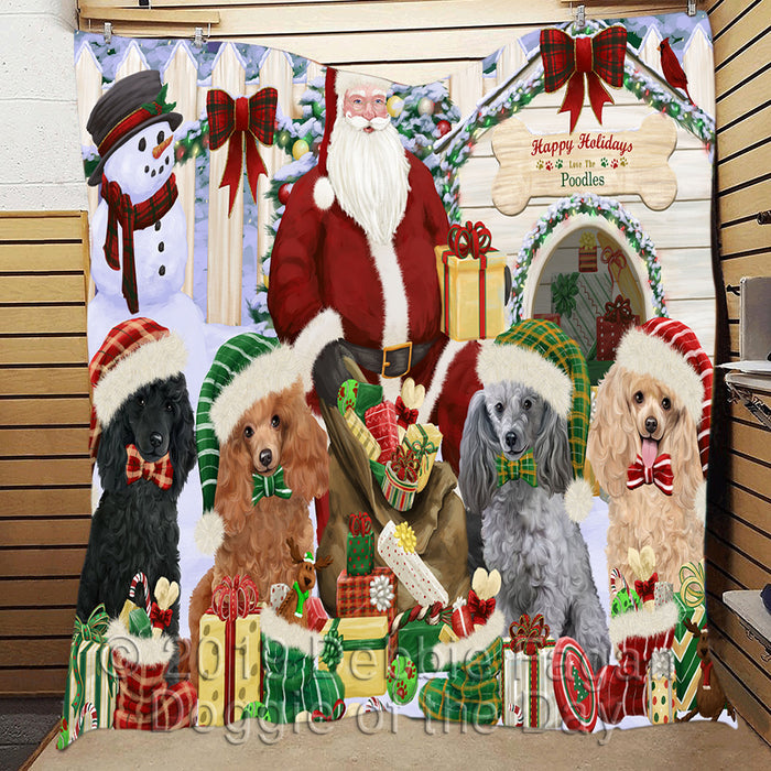 Happy Holidays Christmas Poodle Dogs House Gathering Quilt