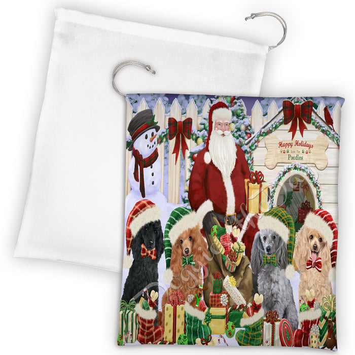 Happy Holidays Christmas Poodle Dogs House Gathering Drawstring Laundry or Gift Bag LGB48068