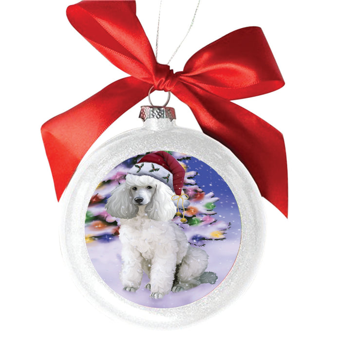 Winterland Wonderland Poodle Dog In Christmas Holiday Scenic Background White Round Ball Christmas Ornament WBSOR49617