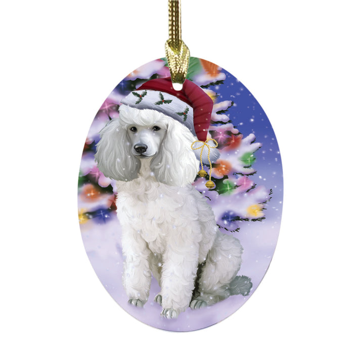 Winterland Wonderland Poodle Dog In Christmas Holiday Scenic Background Oval Glass Christmas Ornament OGOR49617