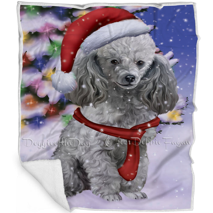 Winterland Wonderland Poodles Puppy Dog In Christmas Holiday Scenic Background Blanket