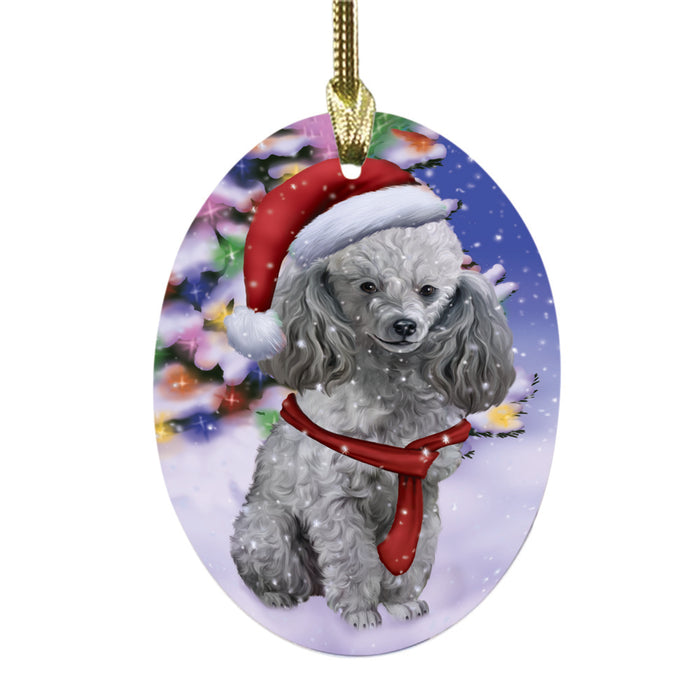 Winterland Wonderland Poodle Dog In Christmas Holiday Scenic Background Oval Glass Christmas Ornament OGOR49618
